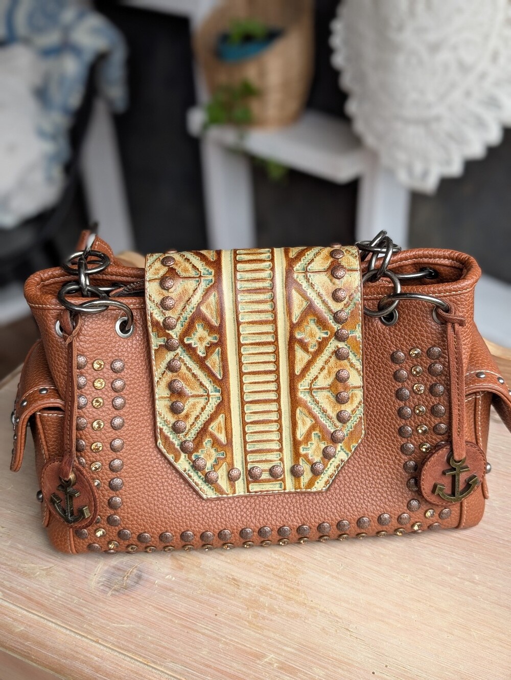 Trinity Ranch Western Tooled Anchor Shoulder Bag Brown Rhinestone Cowgirl Rodeo